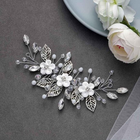 ❤️Women Silver Flower Bride Hair Vine Leaf  Hair Piece Beaded Headpieces Jewelry - Picture 7 of 9